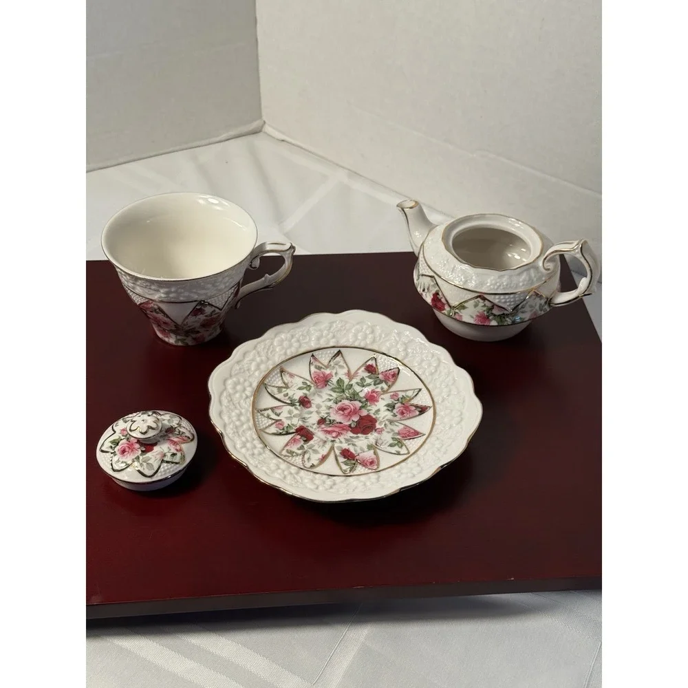 4 piece Grace  teaware tea for one Rose Floral Teapot Cup Saucer & cookie  tray